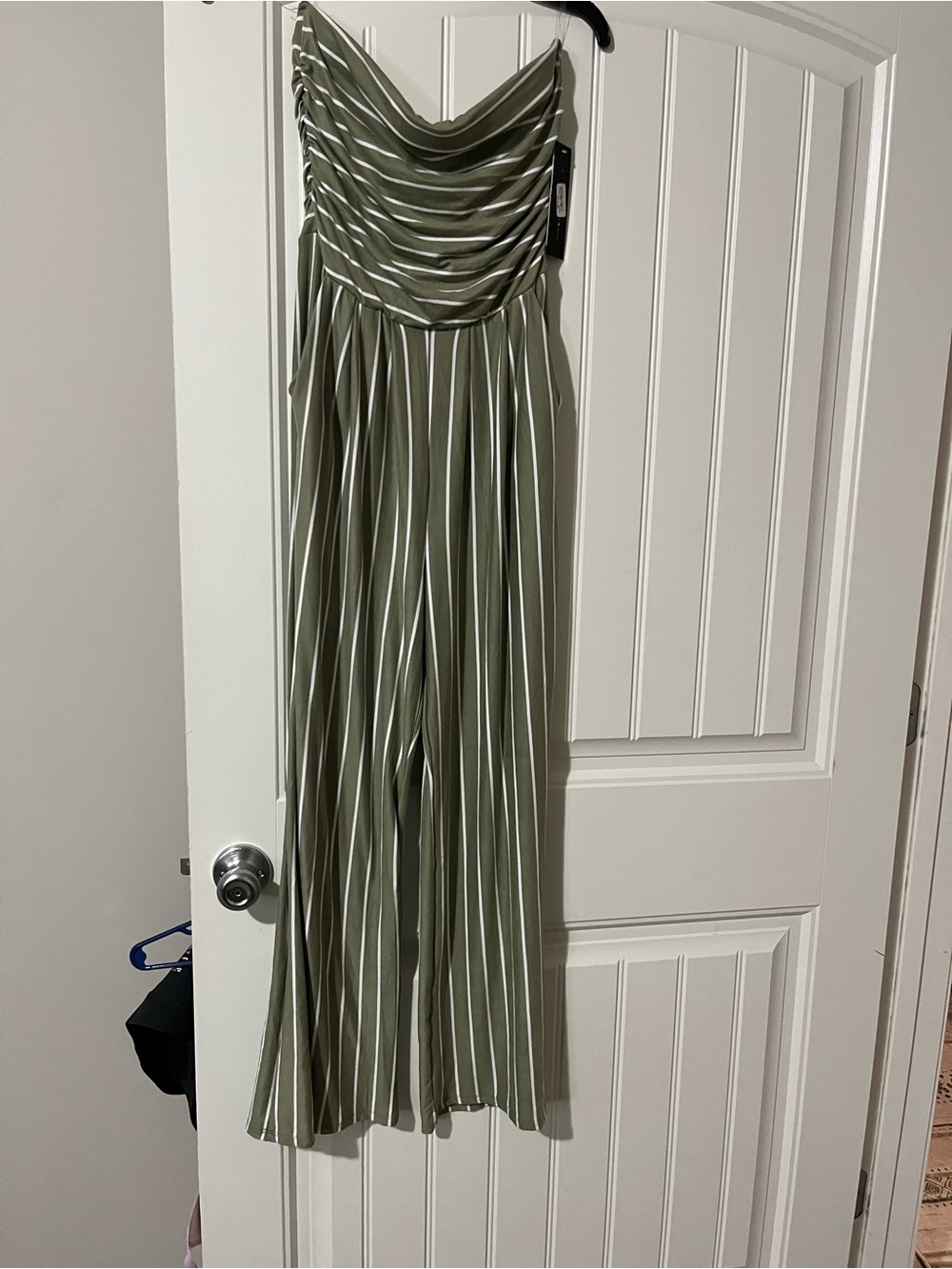 Heart & Hips Olive Green and White Striped Strapless Jumpsuit